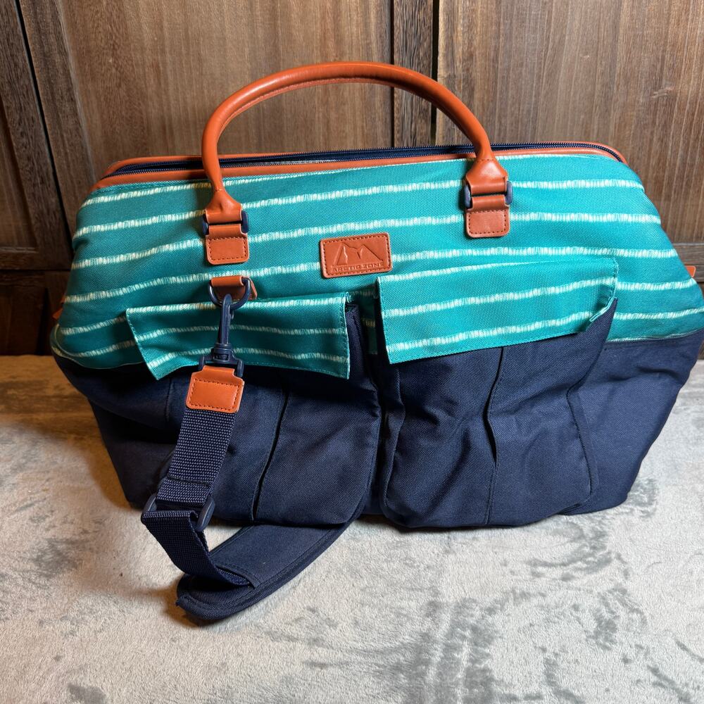 Arctic Zone Insulated Cooler Tote Bag 20" Teal Stripe Navy Beach Picnic Travel